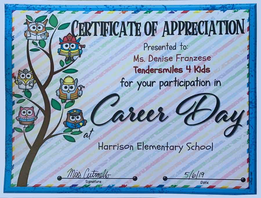 certificate of appreciation from Harrison Elementary School on Career Day